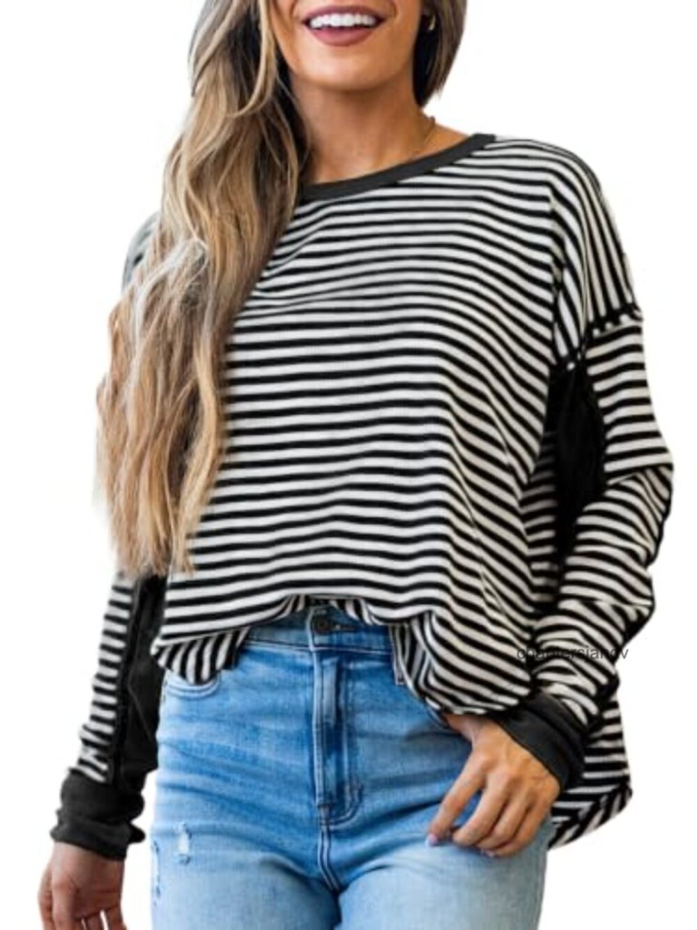 Waffle Knit Striped Thumbhole Crewneck Pullover Casual